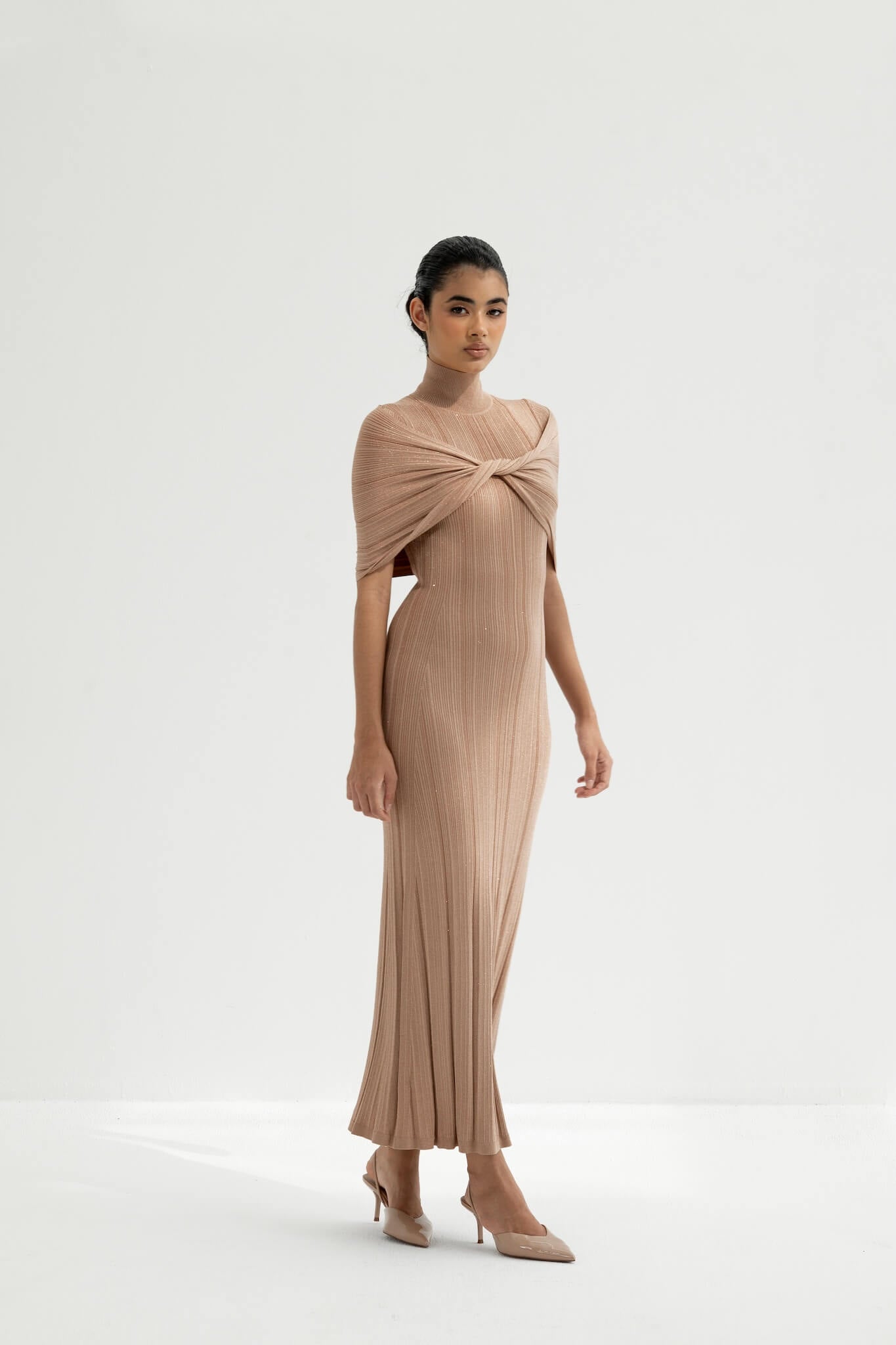 Melange Draped Turtle Neck Maxi Dress