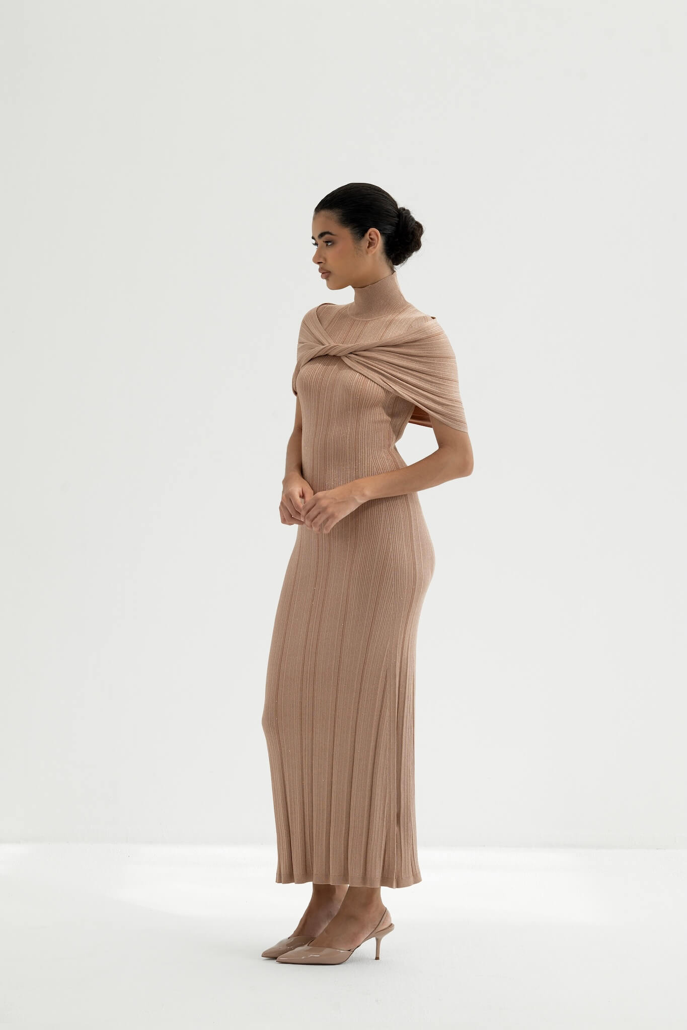 Melange Draped Turtle Neck Maxi Dress