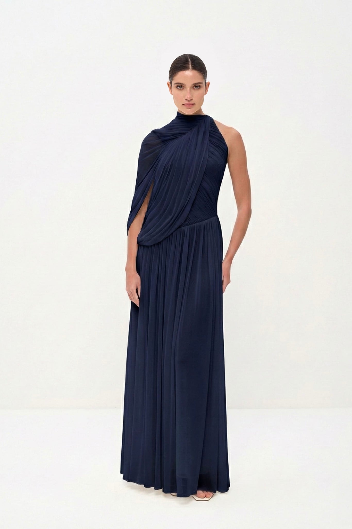 Navy blue evening gown on a white background