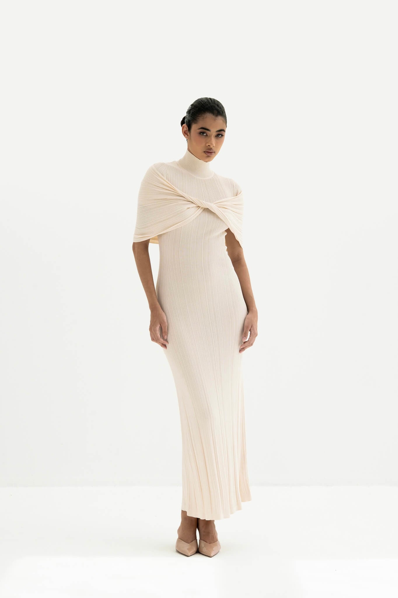 Melange Draped Turtle Neck Maxi Dress in Viscose Knit