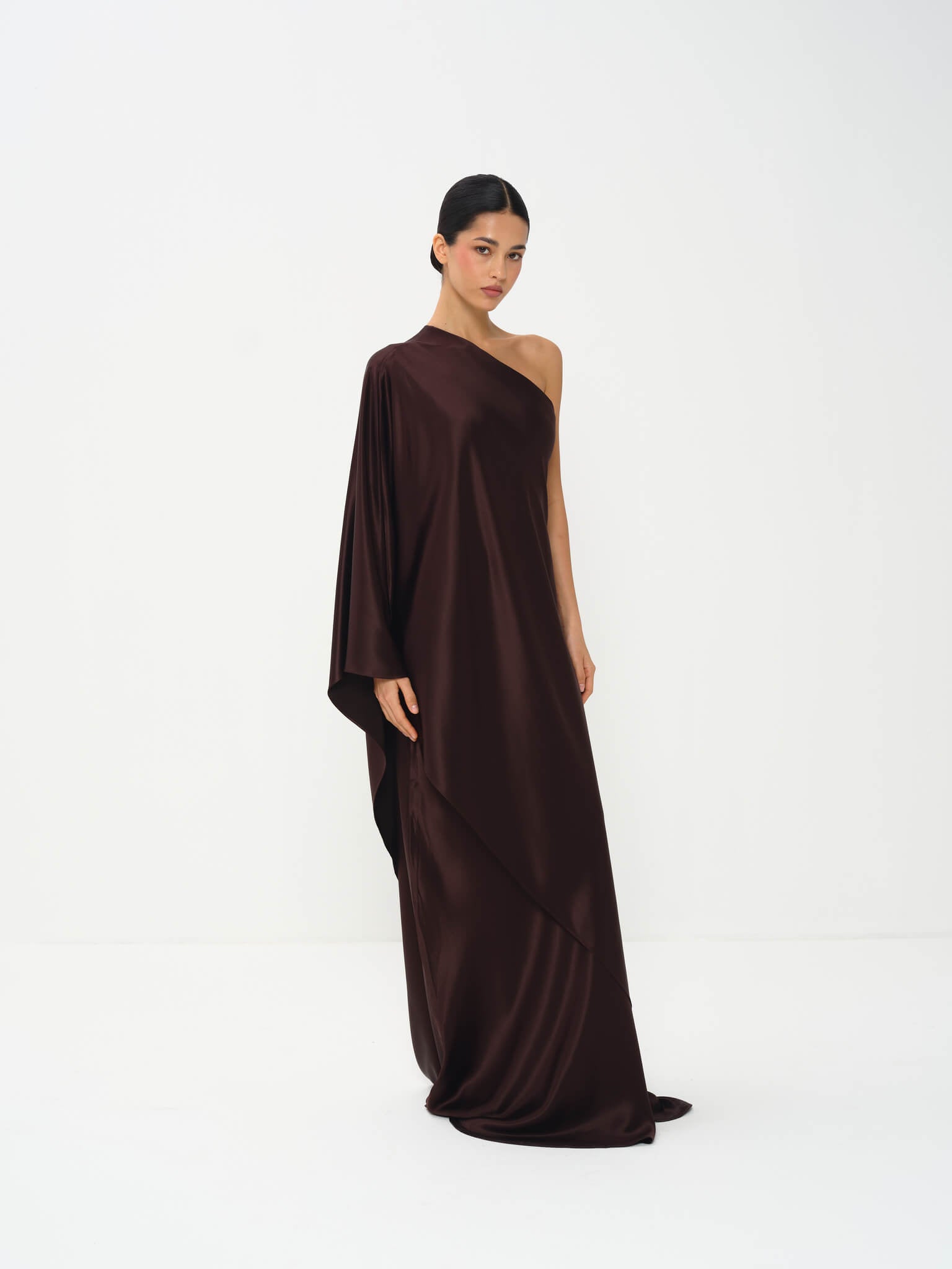 Aria Statement Off-Shoulder Dress - Luxe Naia Satin Fabric with Fluid Movement and Polished Design Lines
