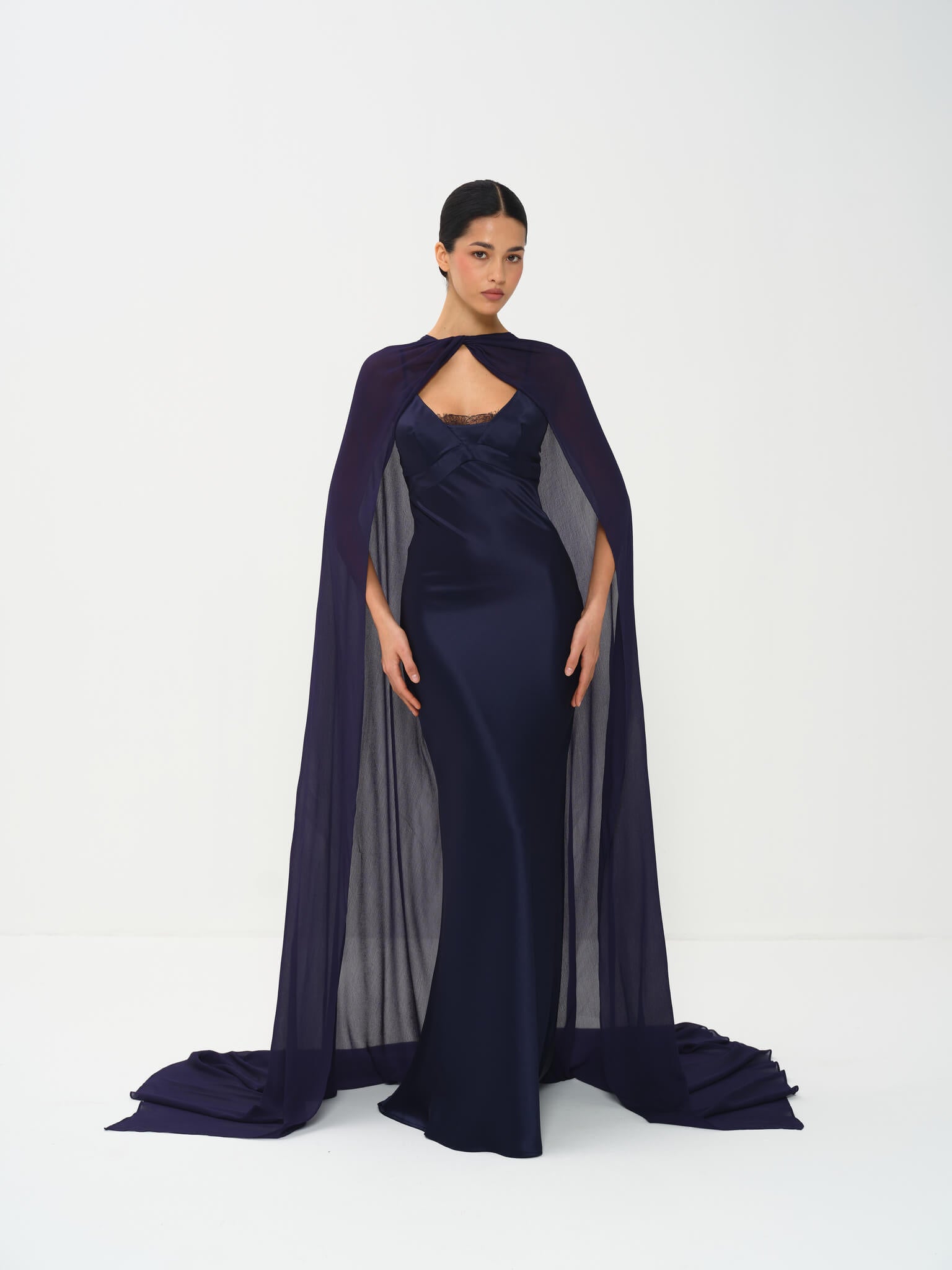 navy blue cape dress Cape Long Sleeve Maxi Dress Small / Blue