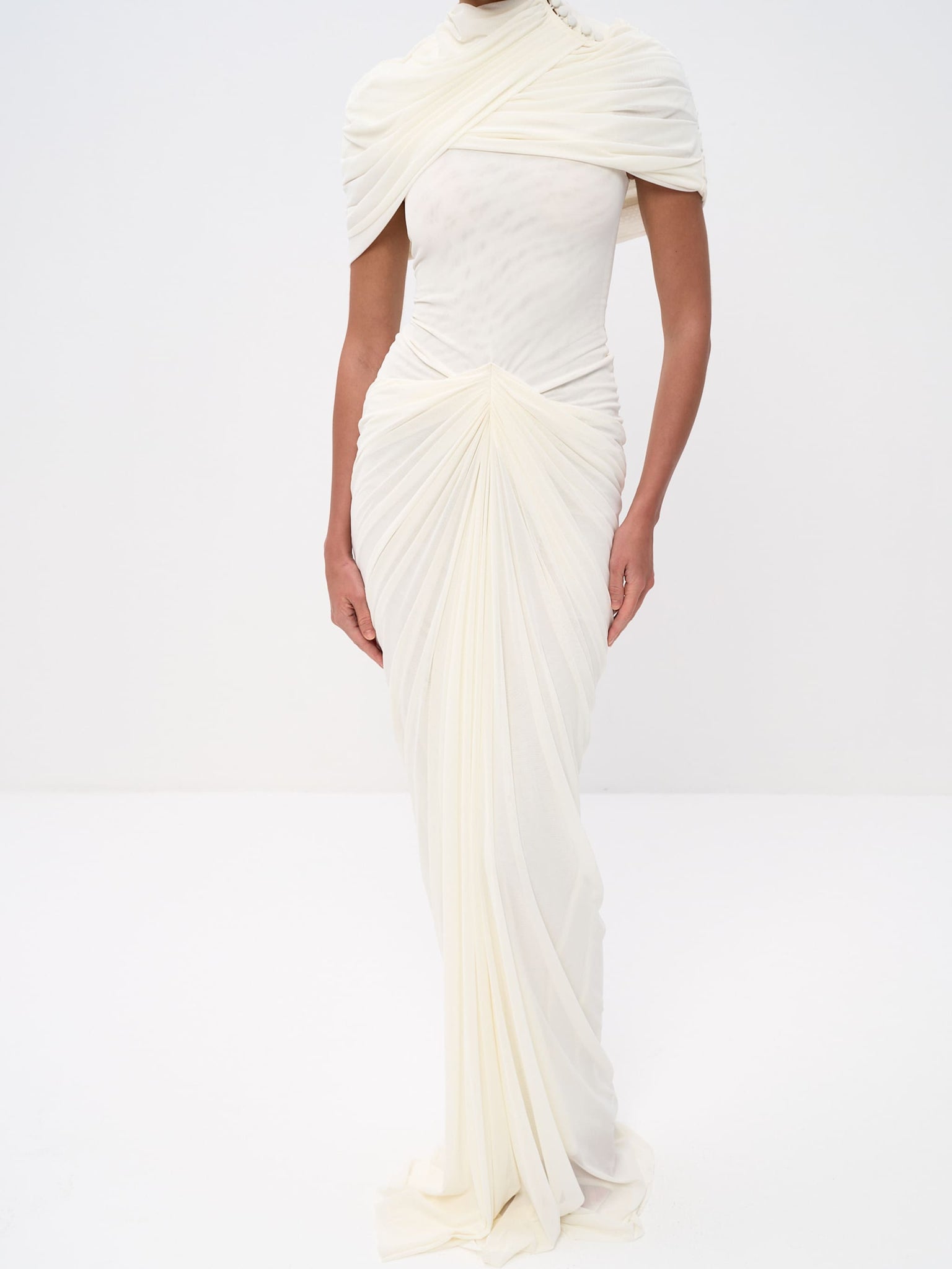 white draped dress Elise Draped Cape Dress - Elegant Maxi Gown for Holiday and Wedding Guest Occasions