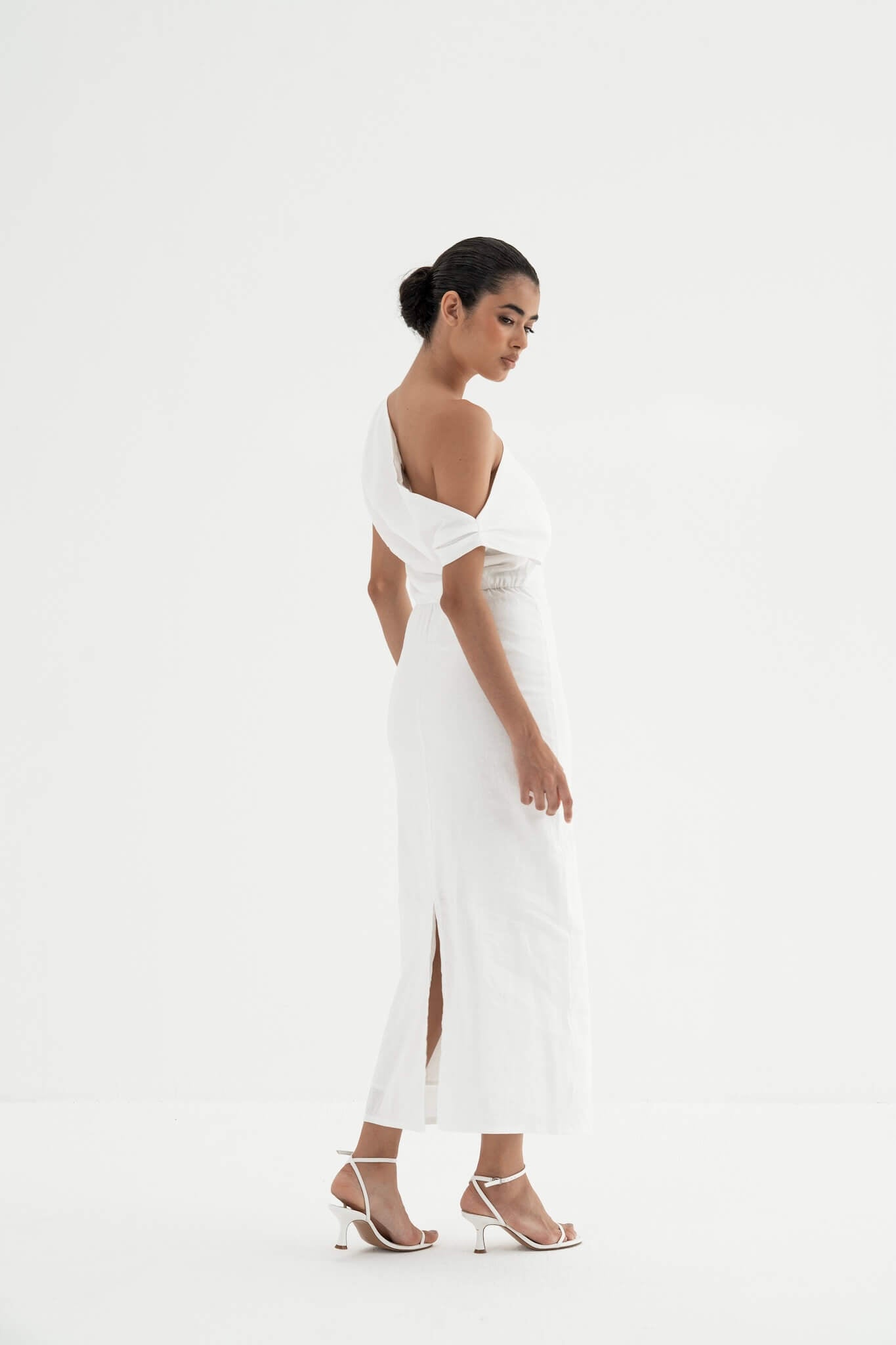 white linen one shoulder dress Milena One Shoulder Crepe Maxi Dress / White | MESHKI