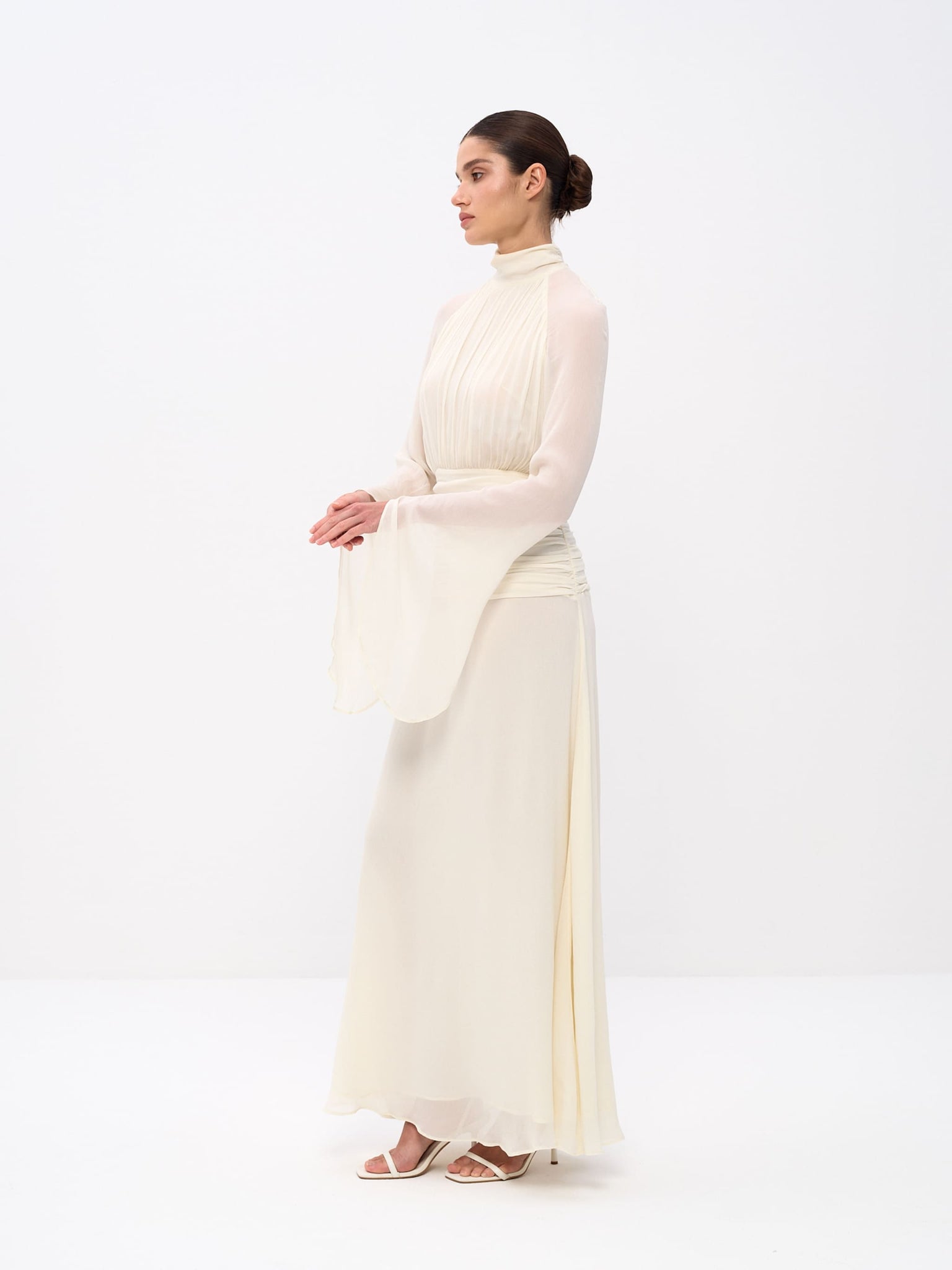 ruffle sleeve long dress High Slit U-Neck Chiffon Bridesmaid Dress with Ruffle Sleeves and Open Back  Bow Detail