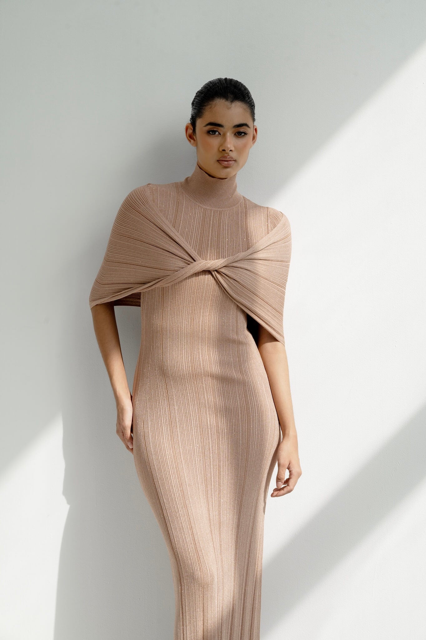 Melange Statement Draped Maxi - Premium Knit with Turtle Neck and Flowing Silhouette for Versatile Wardrobe Styling - NRA Melange Statement Draped Maxi - Premium Knit with Turtle Neck and Flowing Silhouette for Versatile Wardrobe Styling - NRA