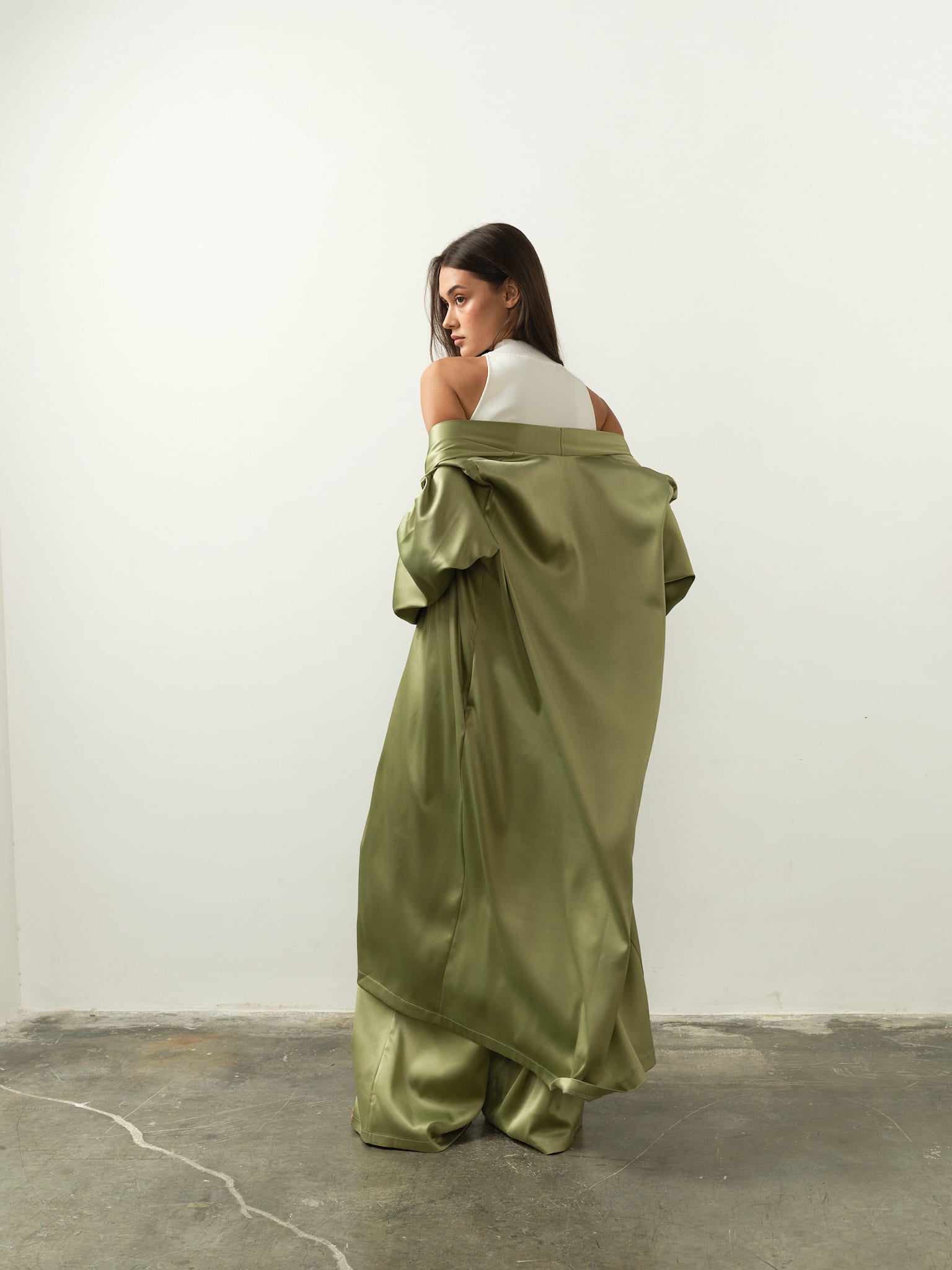 Talisa Set: Elegant Olive Green satin full-length robe with wide-leg trousers, designed for effortless movement and modern sophistication.