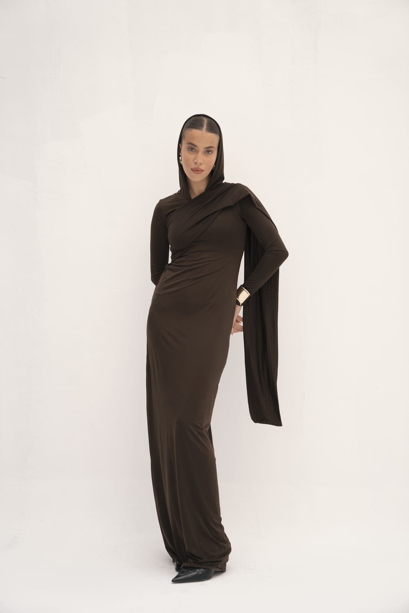 This dress has a sleek, fitted design in a dark, earthy tone with long sleeves and an attached drape that can be wrapped around the head, creating a sophisticated and modest look. The fabric appears smooth, with a slightly matte finish, and the overall silhouette is elongated and elegant. 
