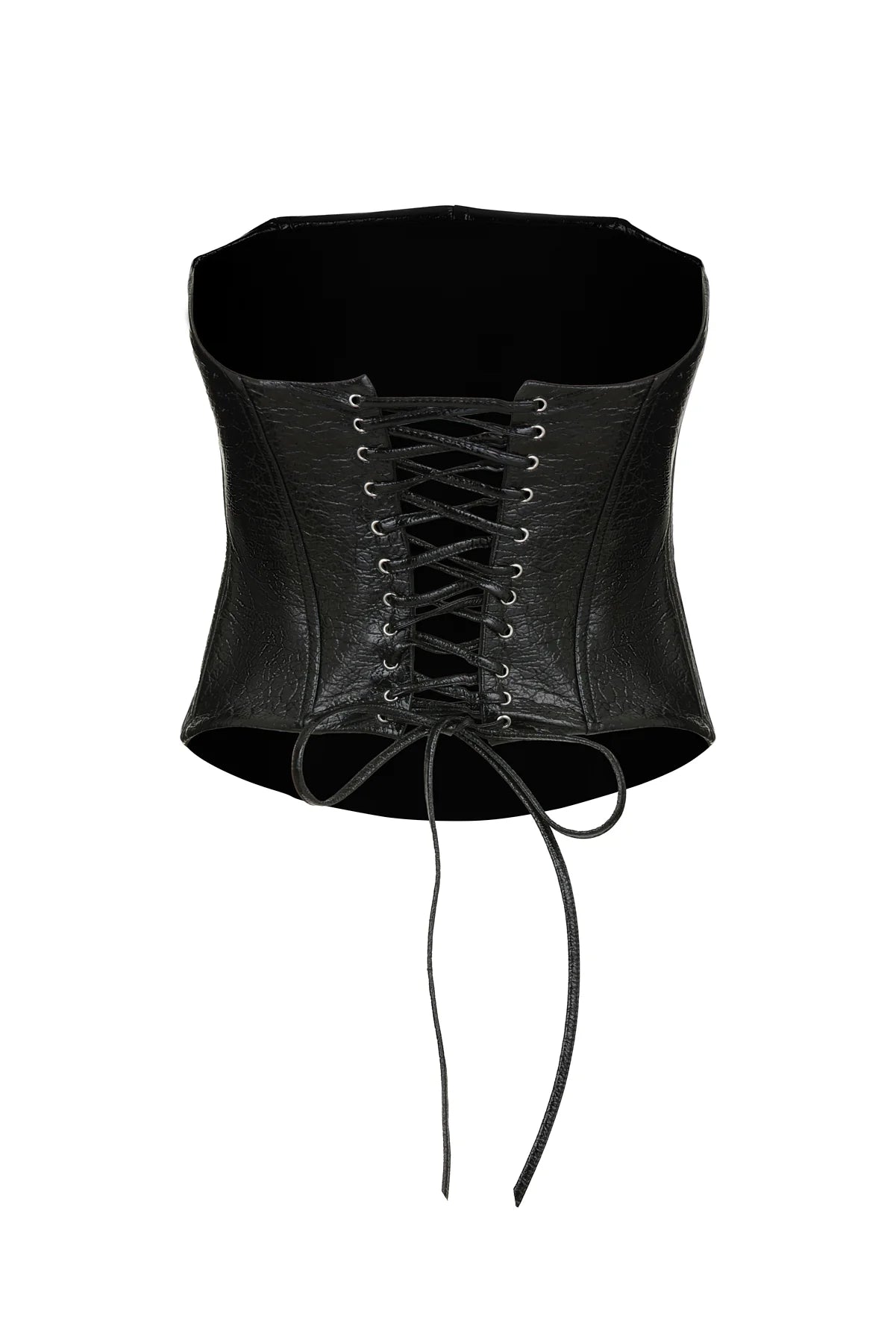 The Imari Corset, a timeless essential, is displayed against a plain white backdrop. This black leather corset boasts a lace-up front and detailed craftsmanship. Its slightly curved top edge and tapered bottom contour to create a cinched waist. The long laces are left loose at the ends for an adjustable fit.