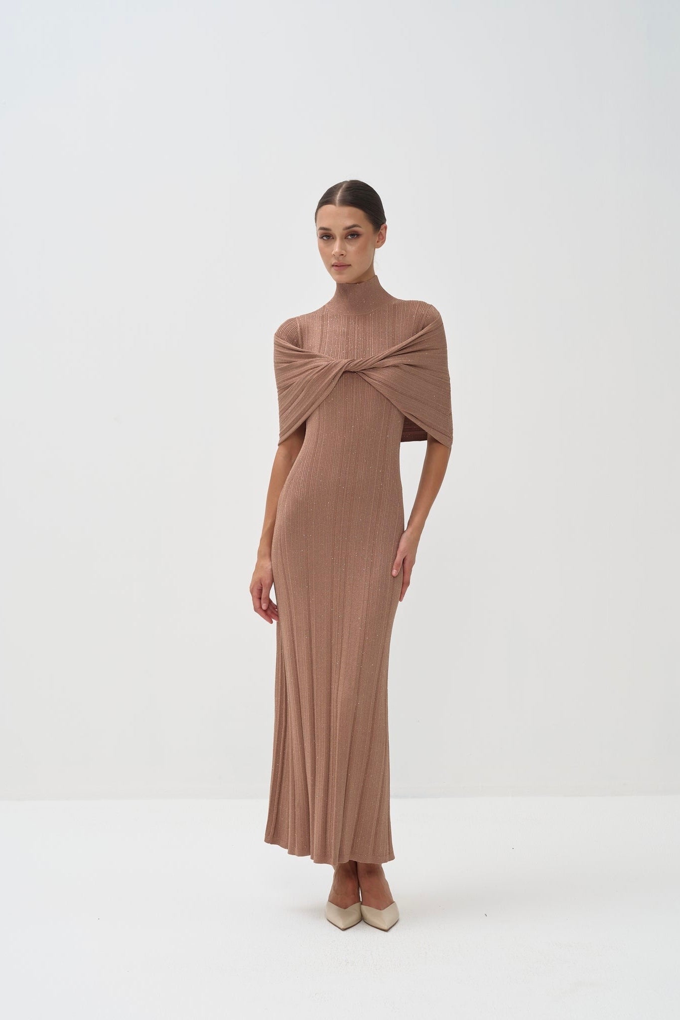 Melange Polished Maxi Dress - Premium Draped Fabric with Turtle Neck and Elegant Silhouette