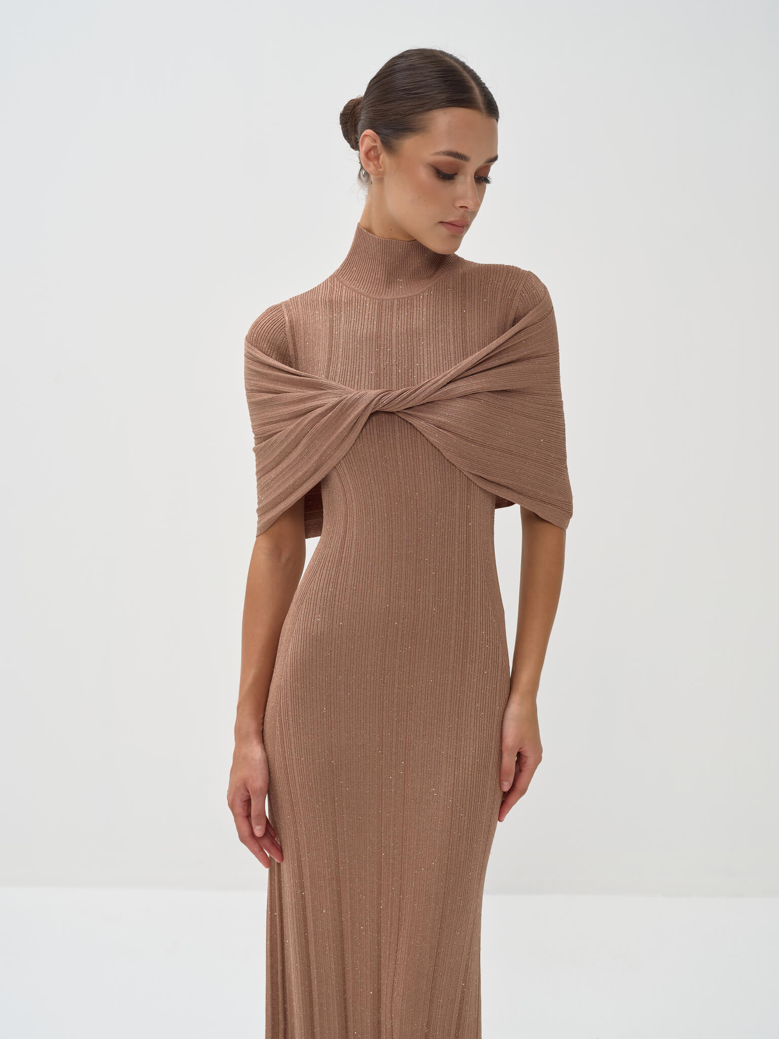Melange Draped Turtle Neck Maxi Dress in Viscose Knit
