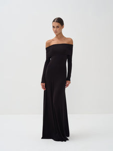 Black off-shoulder gown on a white background