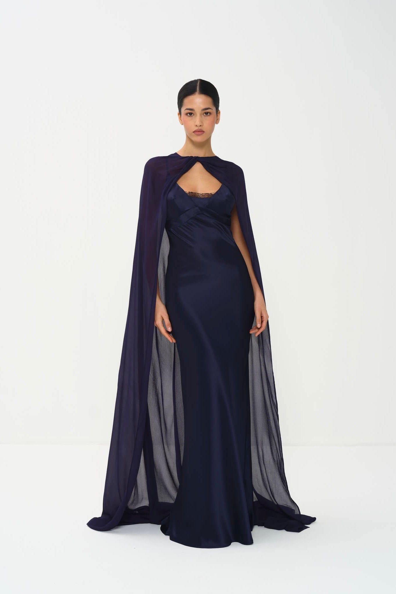 Siora Statement Cape Dress - Premium Naia Satin with Fluid Movement and Elevated Evening Design