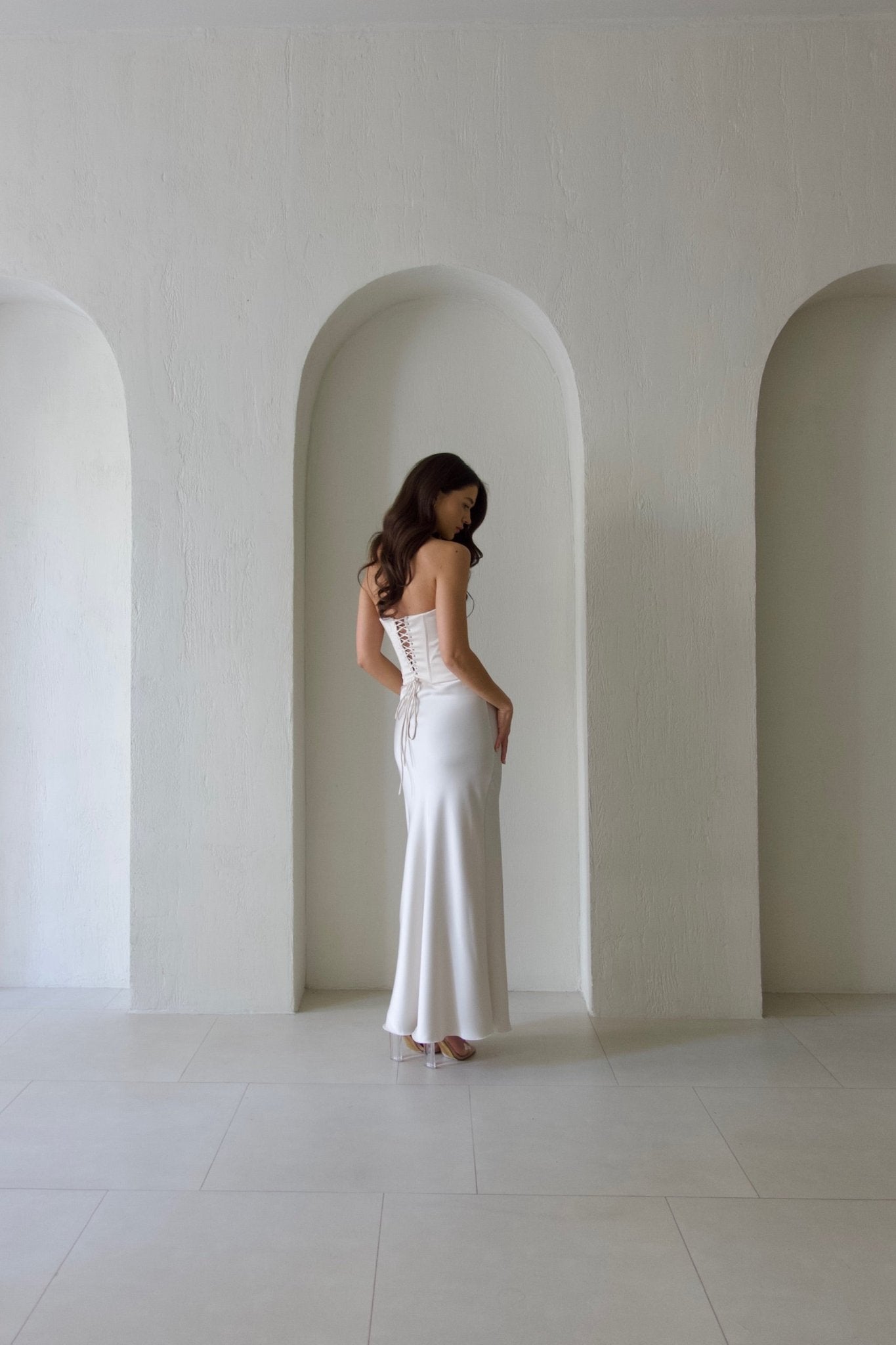 Regina Corset Top & Satin Maxi Skirt Set in White NRA Regina Corset Top & Satin Maxi Skirt Set in White NRA