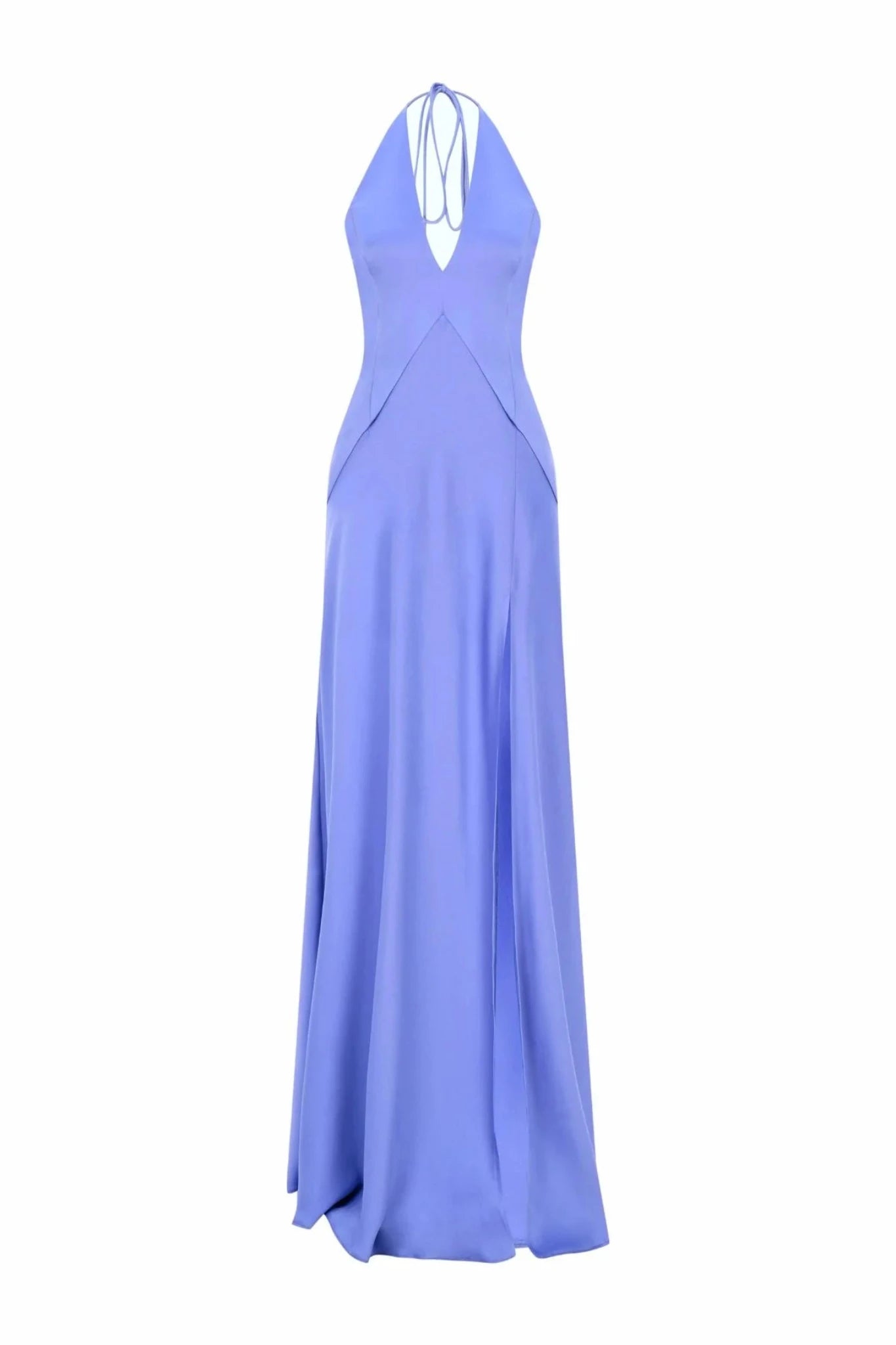 Introducing the Solange Dress: a stunning floor-length, backless piece in vibrant purple. This sleeveless dress showcases a halter neckline with thin shoulder straps that form an elegant V-shaped design at the back. It features a fitted bodice paired with a flared, flowing skirt made from luxurious silky fabric.