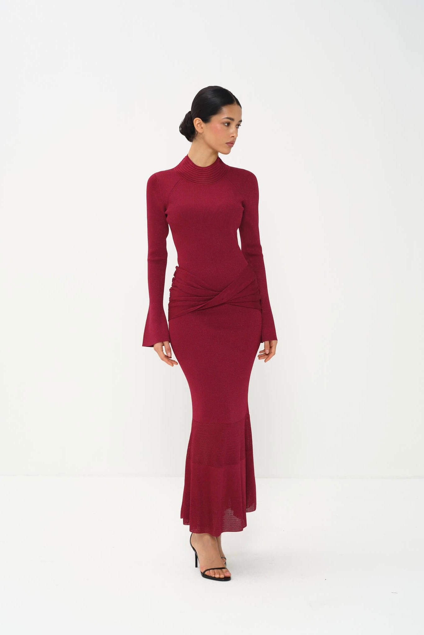 Yasira Refined Pleated Knit Dress - Sculpted High Neck with Flowing Shape for Modern Occasion Dressing